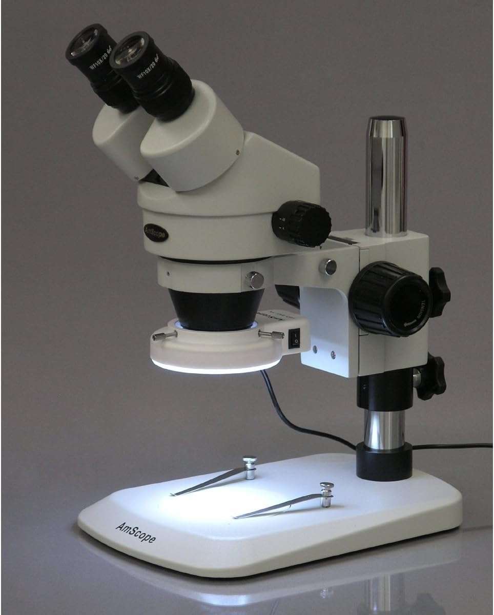 AmScope SM-1BN-64S Professional Binocular Stereo Zoom Microscope, WH10x Eyepieces, 7X-45X Magnification, 0.7X-4.5X Zoom Objective, 64-Bulb LED Ring Light, Pillar Stand, 110V-240V 5