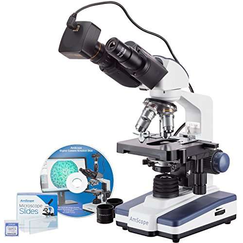 AmScope 40X-2500X LED Binocular Compound Microscope with 50pc Blank Slides and 5MP Camera 1