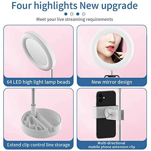 NeotrixQI Selfie Ring Light with Phone Holder, Foldable LED Desk Lamp Dimmable Phone Make Up Ringlight Stand Extendable Makeup Mirror TIK Tok YouTube Video Vlog Recording Photography Tiktok Live Stream (White) (G3) 6