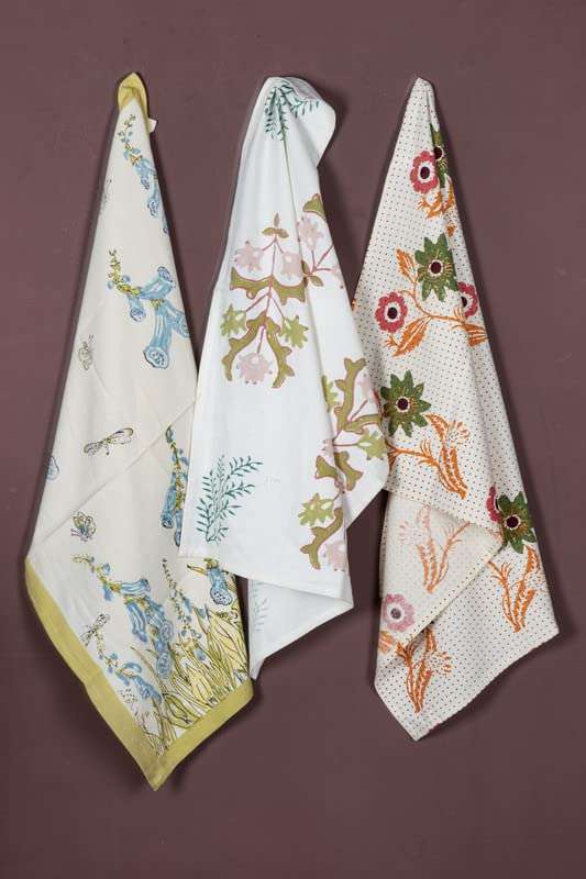 CONTRAST LIVING Manisha Hand Block Printed Kitchen Towel/Dish Towel/Hand Towel Multi Color Set of 3 Pcs 1