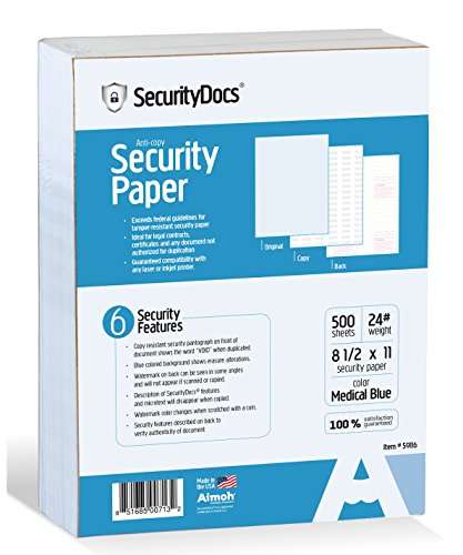 SecurityDocs Security Paper for Medical and Federal use, CMS Certified, Copy and Tamper Resistant, Pantograph, Inkjet and Laser Printer Compatible – 8.5 x 11 Inches, 500 Sheet Supply, (59116) 1