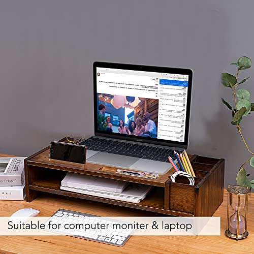 WAYTRIM 2-Tier Bamboo Monitor Stand, Wood Computer Monitor Riser, Wooden Desk Organizers with Adjustable Storage Accessories Shelf for iMac, Laptop, Printer - Classic Antique Brown 2
