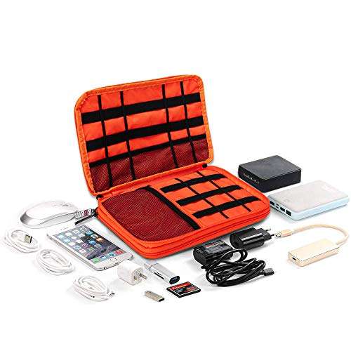 BUBM Travel Cable Organizer, Universal Electronic Accessories Bag Gear Storage for Cord, USB Flash Drive, Earphone and More, Perfect Size for iPad (Large, Grey and Orange) 2