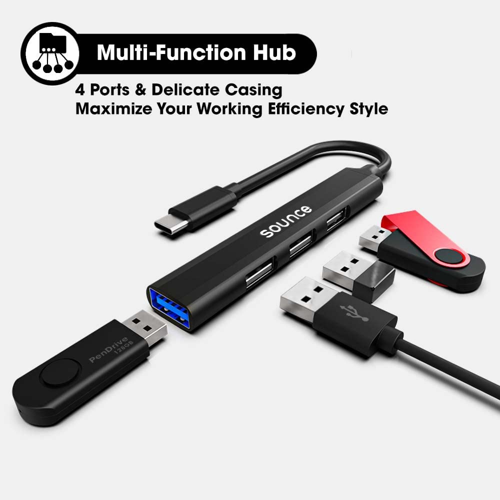 Sounce 4-In-1 Portable Type-C Hub (Type-C To 4 Usb-A Ports) With Aluminum Shell, Usb Port Hub 3.0 Compatible For Pc, Mac Pro, Mac Mini, Imac, Tablet, And Smartphone Black 4