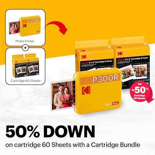 KODAK Mini 3 Retro 4PASS Portable Photo Printer (3x3 inches) + 68 Sheets Bundle, Black 2