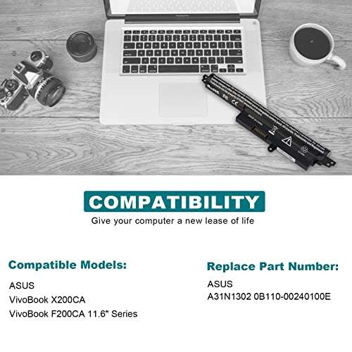 TREE.NB Laptop Battery for ASUS VivoBook X200CA F200CA 11.6" Series A31N1302 A31LMH2 A31LM9H 1566-6868 0B110-00240100E, 2200mAh/11.1V/3-Cells 2
