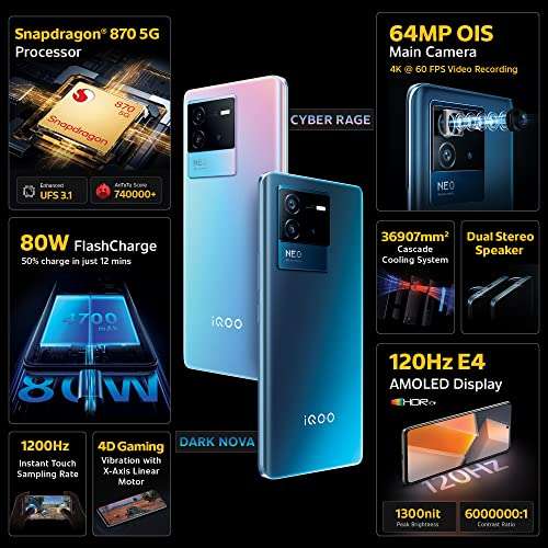 iQOO Neo 6 5G (Dark Nova, 8GB RAM, 128GB Storage) | Only Snapdragon 870 in The Segment | 50% Charge in Just 12 Mins | 90 FPS Gaming Support* 2