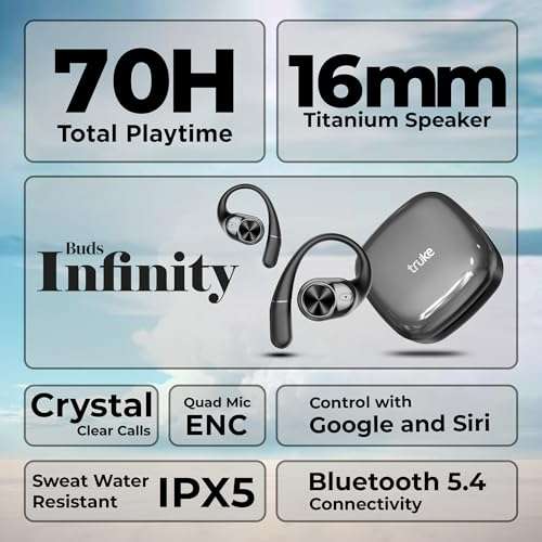 truke Newly Launched Buds Infinity Open Ear Wireless Earbuds with 70Hours of Playtime, 16mm Titanium Speaker, Quad Mic PureVoice™ ENC for Clear Calls, Dual Pairing, Fast Charging OWS - Jet Black 2