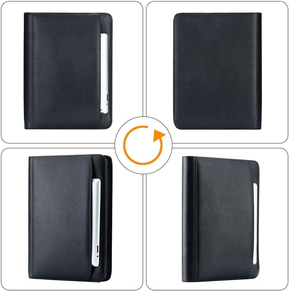 KUSCOR Padfolio Portfolio with 10.1 inch Tablet Sleeve, Professional Interview and 3 Ring Business PU Leather Folder, Zippered Closure, Writing Pad, Calculator, Card Holder, Black 4