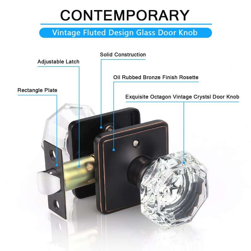 KNOBWELL 5 Pack Privacy Glass Door Knobs Interior Oil Rubbed Bronze, Keyless Door Knob with Lock Bedroom, Octagon Indoor Door Knob Set 4