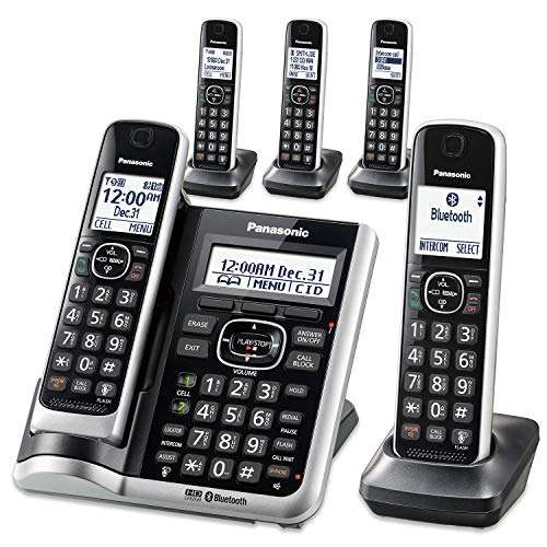 Panasonic Link2Cell Bluetooth Cordless Phone System with HD Audio, Voice Assistant, Smart Call Block and Answering Machine, Expandable Cordless System - 5 Handsets - KX-TGF675S (Black/Silver Trim) 2