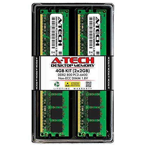 A-Tech 4GB (2x2GB) DDR2 800MHz UDIMM PC2-6400 CL6 1.8V DIMM Non-ECC Unbuffered Desktop RAM Memory Modules 1