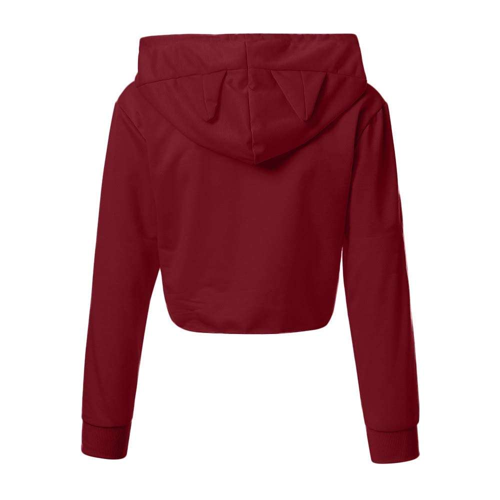 Womens Sweatshirts and Hoodies Hessimy Women's Cropped Hoodie Cute Cat Ear Long Sleeve Cotton Sweatshirts Wine Red 3