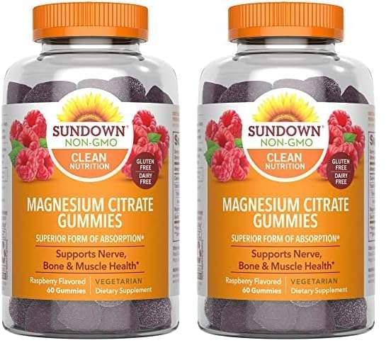 Sundown Magnesium Citrate Gummies, Supports Nerve, Bone & Muscle Health, Vegetarian, Raspberry Flavored, 60 Count (Pack of 2)