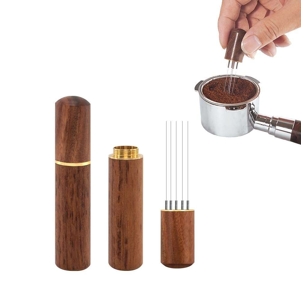 COFIEX Coffee Needle Stirrer with Stand, 6 Fine 304 Stainless Steel Pins, Natural Wood Handle, Espresso Coffee Stirrer Pin Tamper Tool for Even Coffee Grounds Distribution – Coffee Accessories