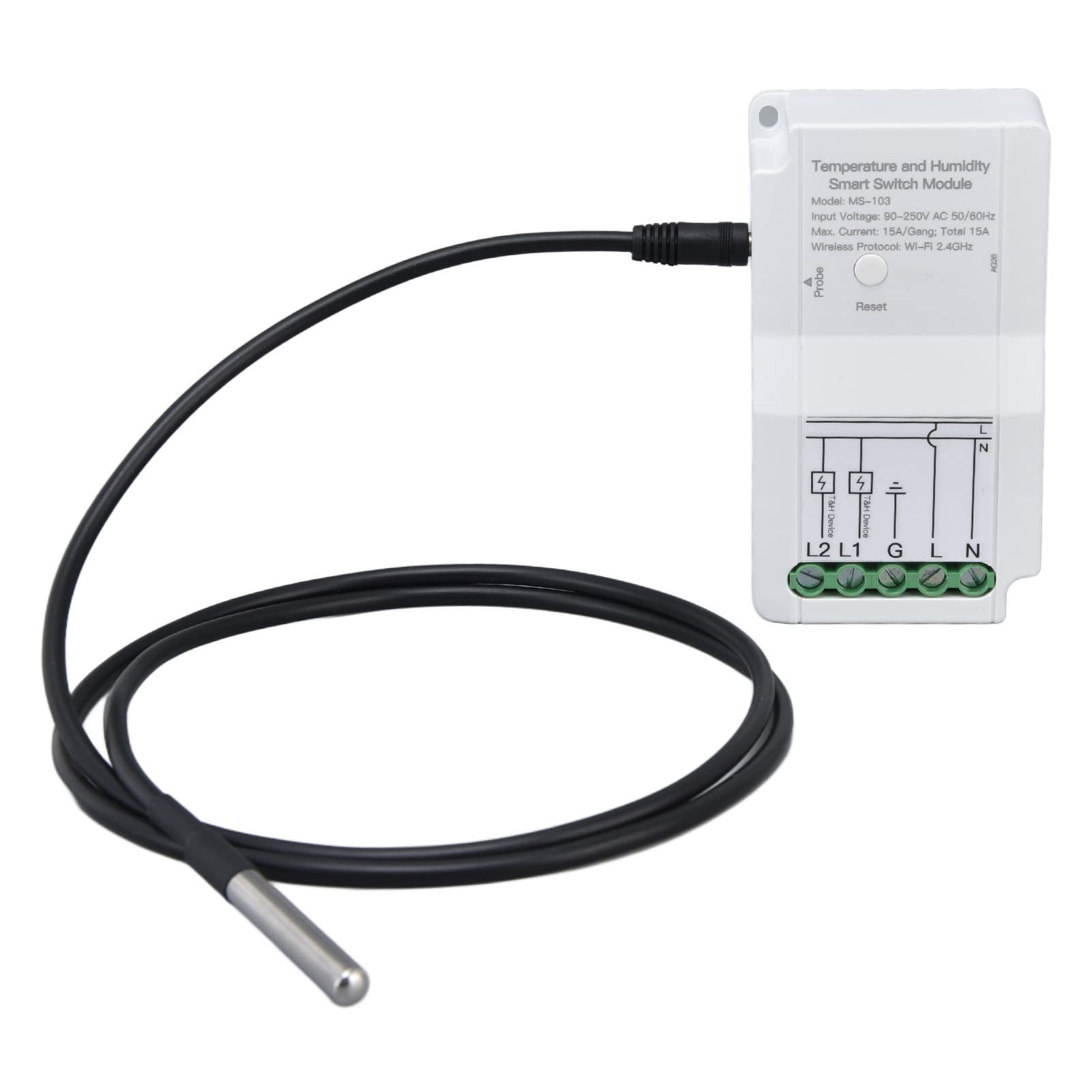 WiFi Smart Temperature Humidity Switch Module with Dual Relay Output, Temperature Probe, 90 250V Compatibility for TUYA Smart App, Cordless Remote Monitoring Control 1