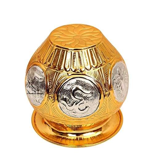 INDIAN ART VILLA Gold & Silver Polished Swastik Design Copper Lota Kalash, Pooja Temple Home Office, Diameter 3.5", Silver & Gold 5