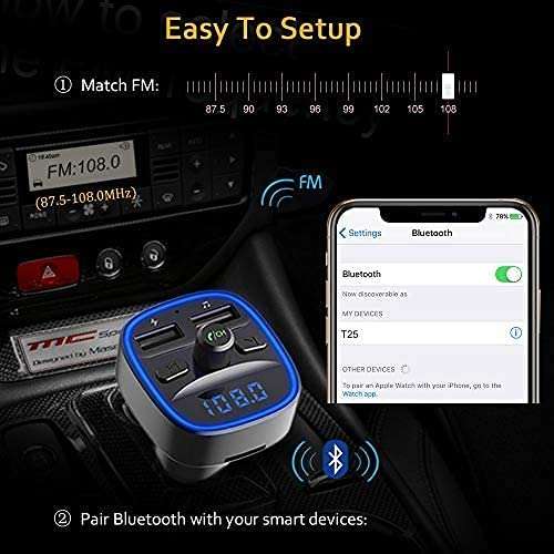 Bluetooth FM Transmitter for Car, Blue Ambient Ring Light Wireless Radio Car Receiver Adapter Kit with Hands-Free Calling, Dual USB Charger 5V/2.4A and 1A, Support SD Card, USB Disk (Black) 6