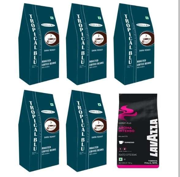 Lavazza Aroma Intenso Beans 500gm pack +Tropical Blu Roasted Coffee Beans 100% Arabica (AA) Dark Roast 500gm, Pack of 5 (500gm X 5)