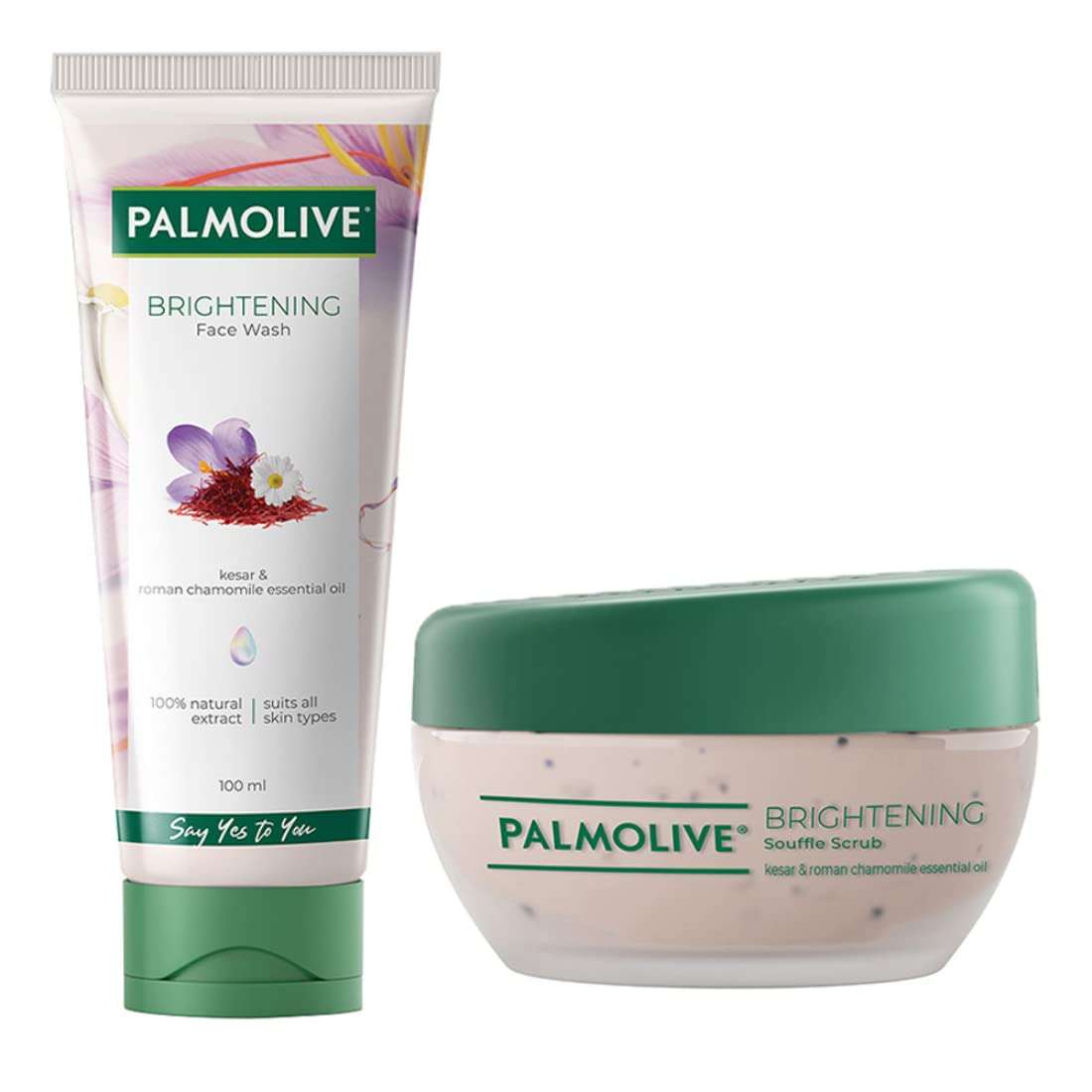 Palmolive Brightening Face Care Combo - Gel Face Wash and Souffle Face Scrub, with Kesar and Roman Chamomile Essential Oil, Suits All Skin Types, Combo Pack (100ml + 100ml) 1