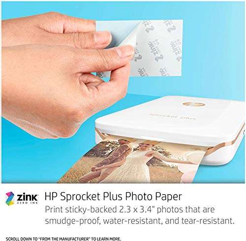 HP Sprocket Plus Instant Color Photo Printer, Print 30% Larger Photos on 2.3x3.4 Sticky-Backed Paper – White (2FR85A) 5