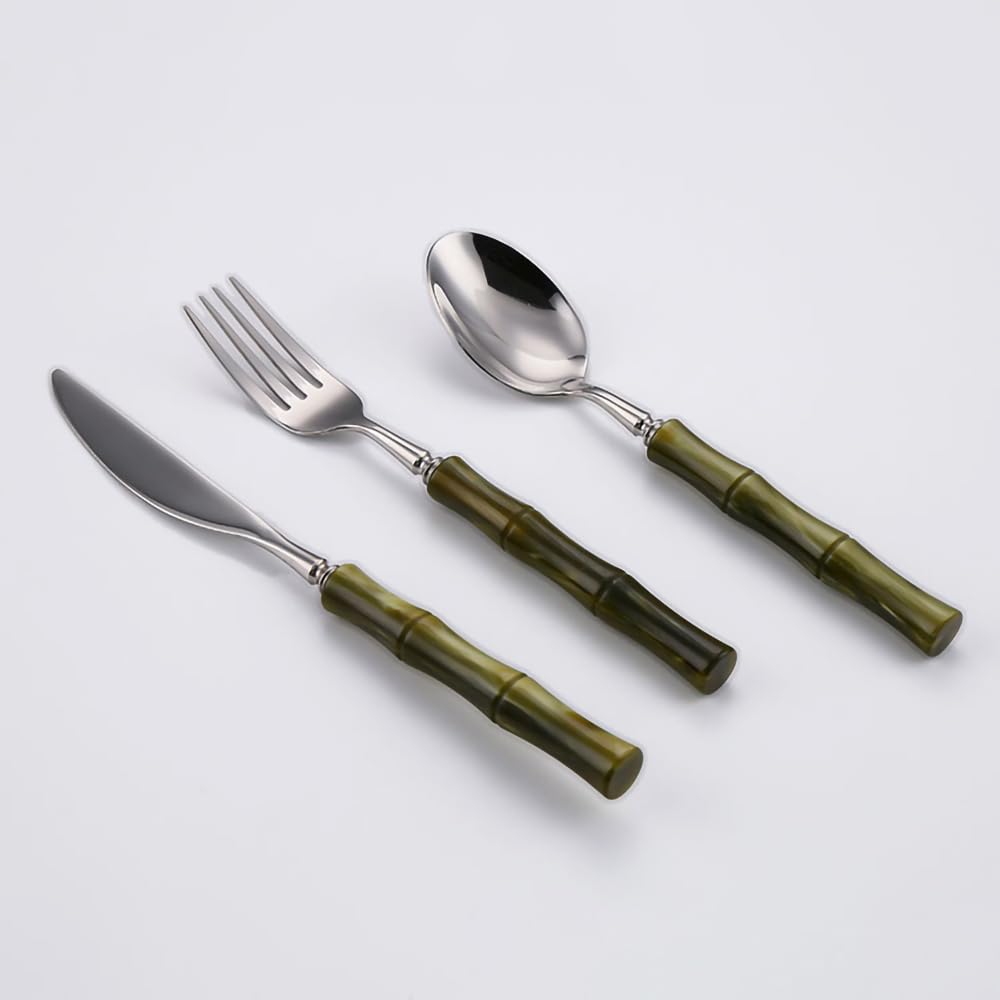 Olive Green Acrylic 304 Stainless Steel Flatware Set - 24 Pieces Elegant Silverware Set Service for 8, Mirror Polished Cutlery Set for Home Kitchen Dinnerware (8 Set-24 Piece)