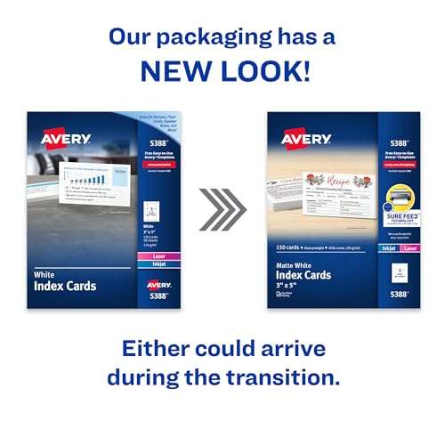Avery Printable Index Cards with Sure Feed Technology, 3" x 5", White, 150 Blank Index Cards for Laser or Inkjet Printers (05388) 3