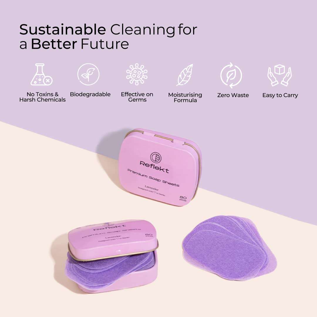 Reflekt Premium Moisturising Paper Thin Hand Soap Sheets in Tin Box, Travel Essentials for Men & Women, Easy to Carry while Travelling with Zero Waste Plastic Free Strips (Lavender, Pack of 80) 3