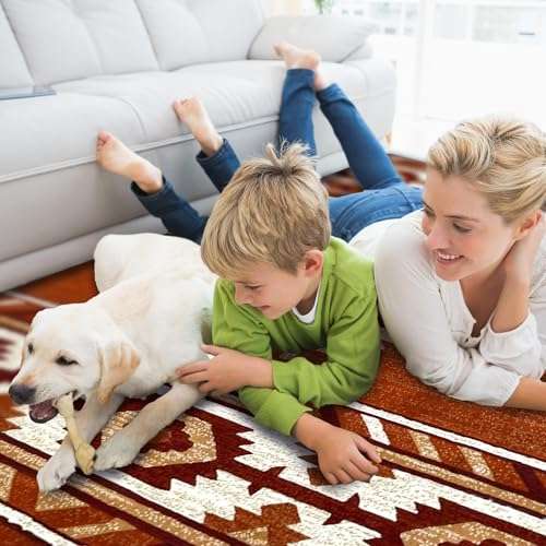 YHSF South West Native American Area Rug - Easy Clean, Thick, Soft, Durable Native Tribal American Indian Inspired Rug for Bedroom/Living Room/Hallways and More - Rust, 2 Feet x 3 Feet 6