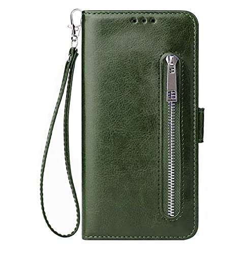 TELETEL Zipper Series Flip Mobile Cover Pu Leather | Card & Cash Pockets | Magnetic Loop | Front Zip Lock Wallet Case (Dark Green) for Mi A2