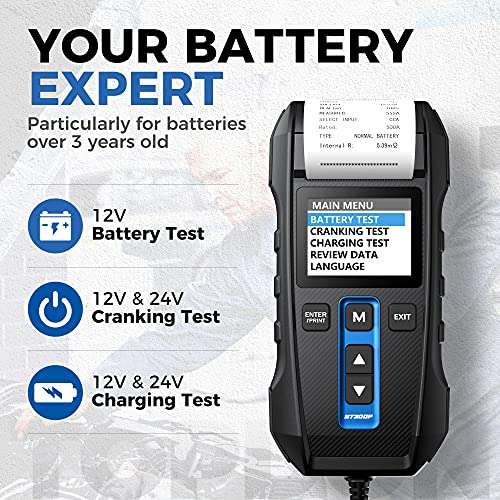 Car Battery Tester 12V 24V 100-2000CCA Lead-Acid Battery, TOPDON BT300P Alternator Tester, Load Tester, with Built-in Printer, Spark Free Metal Clamps, Automatic Reverse Polarity Protection 2