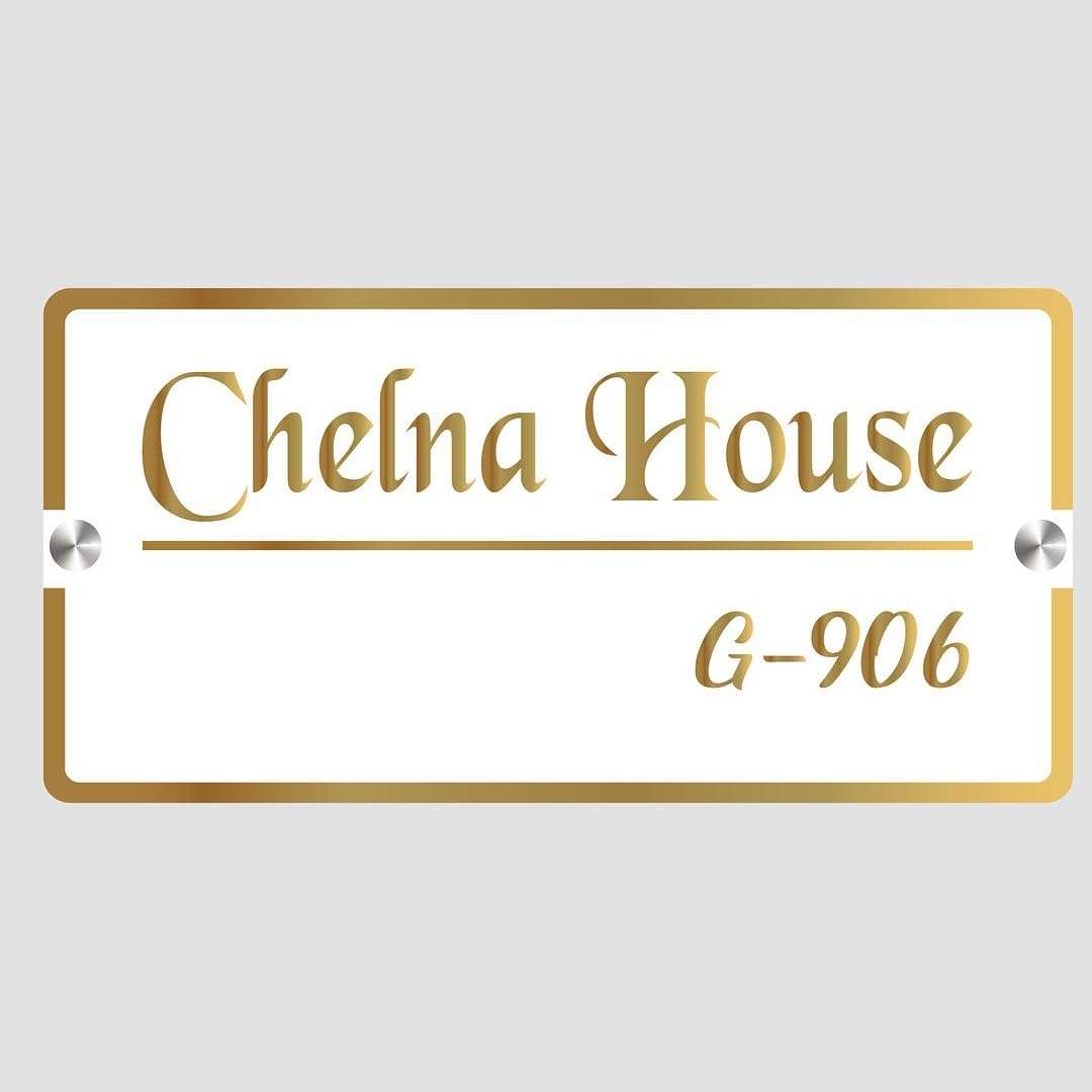 CHELNA Customized Rectangle Golden Glossy Mirror Border White Name Plate with Golden Laser Cut Letter for Entrance Decoration(25x16) 1