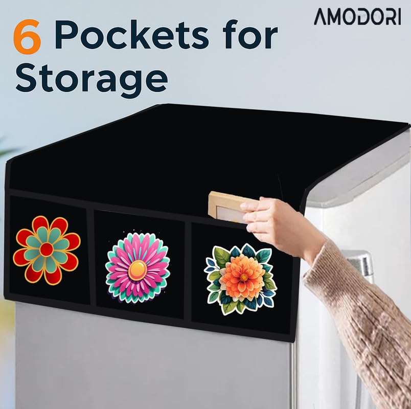AMODORI Fridge Top Cover – Waterproof Cloth with 6 Side Storage Pockets with Flower Print Black Colour 6