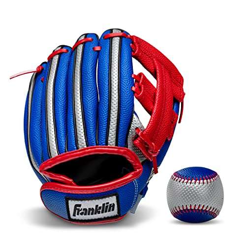 Franklin Sports Kids Baseball Glove + Ball Set - Air Tech Youth Teeball Glove - Boys + Girls Children's Glove + Ball - Right Hand Throw - Blue, Red and Silver, 9" 1