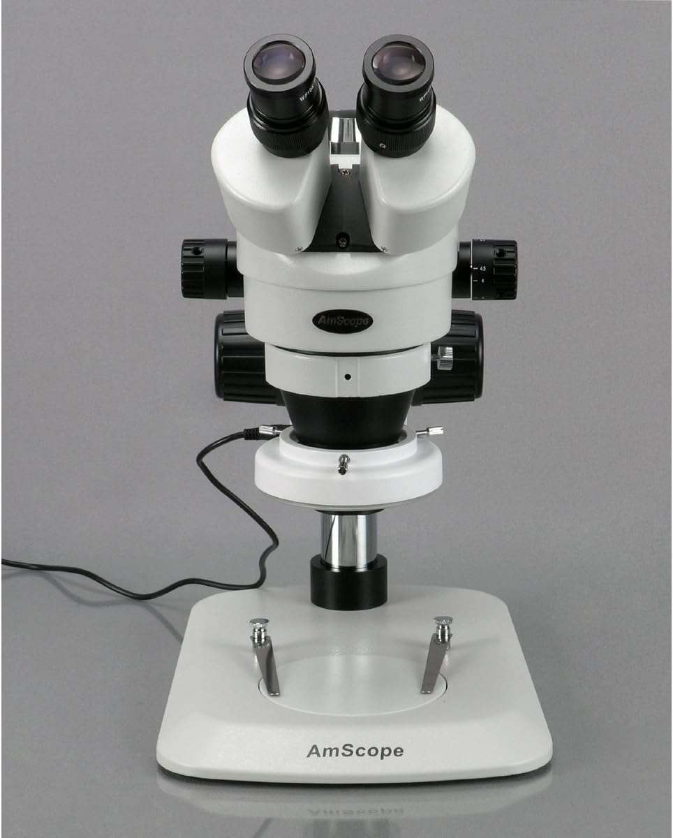 AmScope SM-1BN-64S Professional Binocular Stereo Zoom Microscope, WH10x Eyepieces, 7X-45X Magnification, 0.7X-4.5X Zoom Objective, 64-Bulb LED Ring Light, Pillar Stand, 110V-240V 3