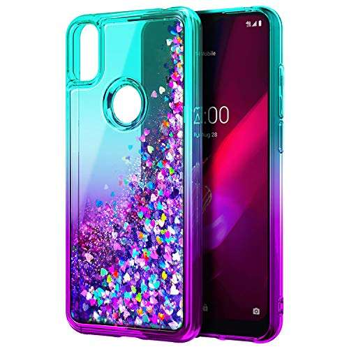 NZND Case for T-Mobile REVVL 4 with Tempered Glass Screen Protector (Full Coverage), Glitter Liquid Floating Waterfall Girls Cute Phone Case Cover (Aqua/Purple) 3