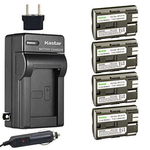 Kastar Battery (4-Pack) and Charger for Canon BP-511, BP-511A, BP511, BP511A and EOS 5D, 10D, 20D, 30D, 40D, 50D, Digital Rebel 1D, D60, 300D, D30, Kiss Powershot G5, Pro 1, G2, G3, G6, G1, Pro90 etc. 1