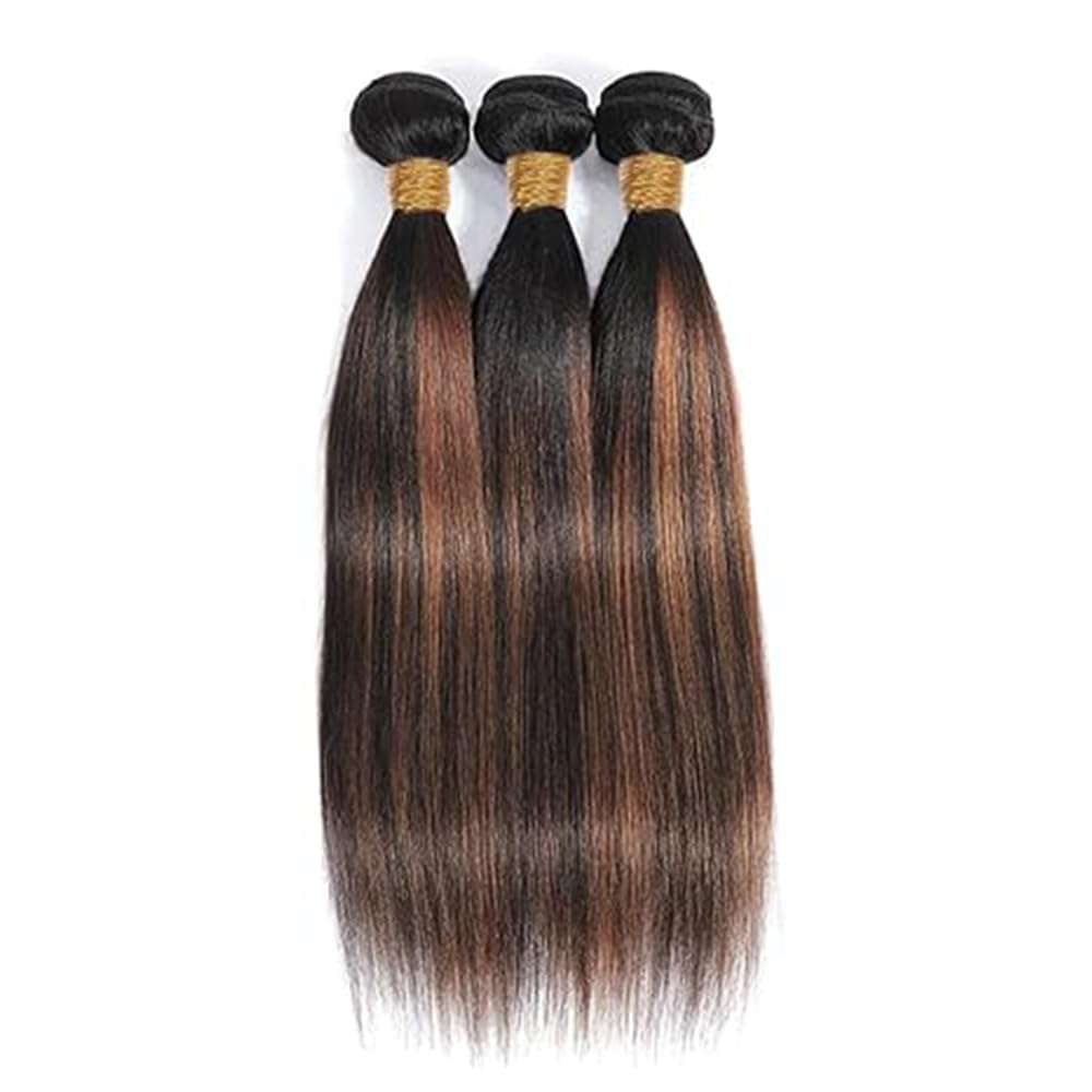BilltiiWW P1B30 Highlight Straight Bundles Black Mixed With Light Brown two tone Brazilian Human Hair Wavy Weave With Soft and Silky for Women 8 10 12 Inch 4