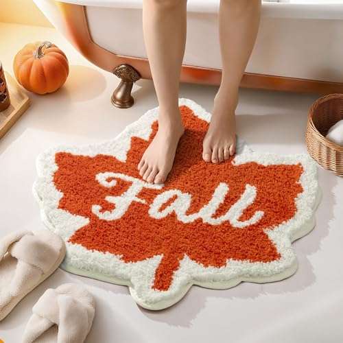 DEXDE Fall Bathroom Rugs 20x32 Inches Cute Maple Leaf Bath Mat, Washable Non-Slip Absorbent Microfiber Bath Rug for Tub Shower Autumn Farmhouse Decor, Yellow/Brown/Rust 3