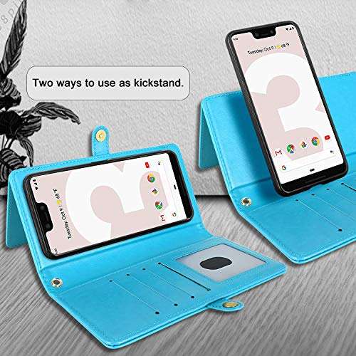 Harryshell Google Pixel 3 XL Case, Detachable Magnetic 12 Card Slots Wallet Case Shockproof PU Leather Flip Protective Cover Wrist Strap for Google Pixel 3XL (Flower - Blue) 5