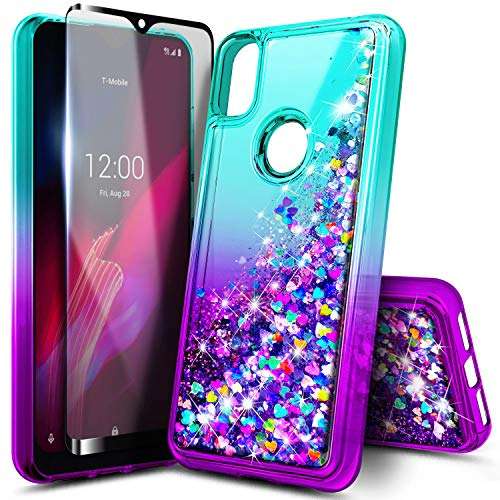 NZND Case for T-Mobile REVVL 4 with Tempered Glass Screen Protector (Full Coverage), Glitter Liquid Floating Waterfall Girls Cute Phone Case Cover (Aqua/Purple) 1