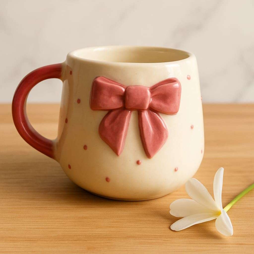 THE INDIAN HOME Cute Pink Bow Ceramic Mug for Coffee Tea Milk | 3D Bow Design Gift Mug for Girls Women Kids | Premium Glazed Polka Dot Finish (1) 1