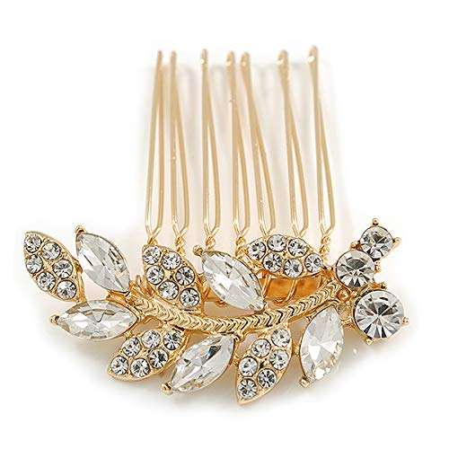 Small Bridal/Wedding/Prom/Party Gold Plated Clear Crystal Leaf Hair Comb - 50mm 6