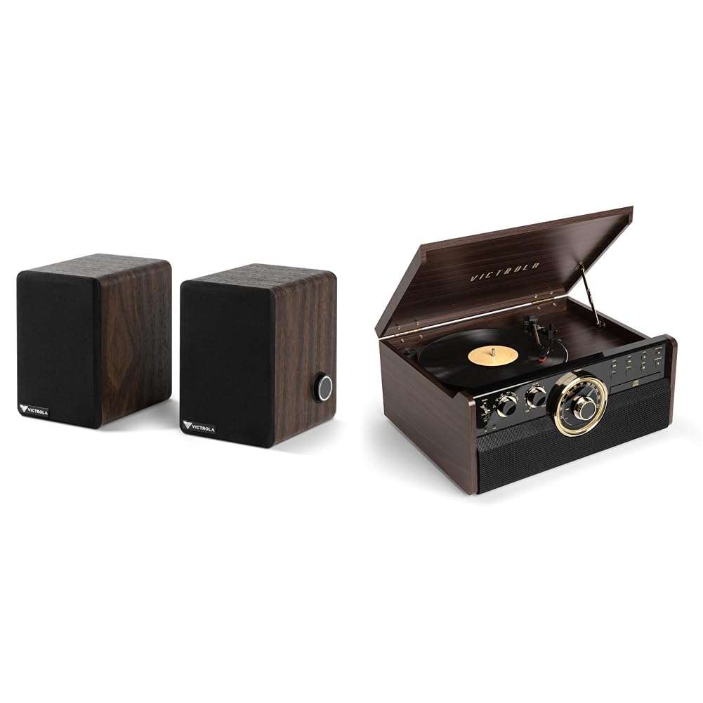 Victrola Premiere M1 Powered Bookshelf Monitor Speakers (Pair) - 4" Woofer, 2" & Empire Mid-Century 6-in-1 Turntable with 3 Speed Record Player, Bluetooth Connectivity, Radio, Casset
