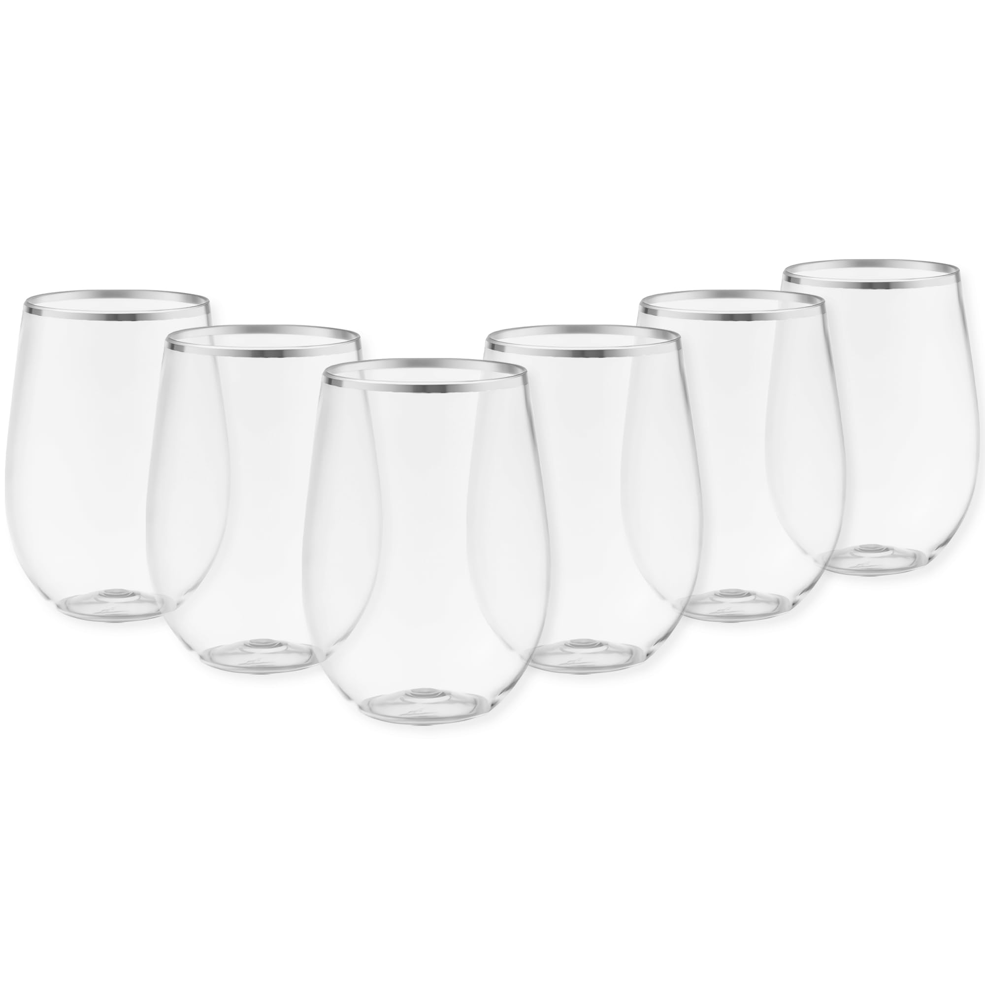 DecorLine Elegant Stemless Wine Goblets - 12 oz (Pack of 6) - Clear with Luxurious Silver Rim - Chic, Durable & Timeless Design - Perfect for Entertaining and Celebrations
