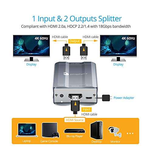 gofanco Prophecy 4K 1x2 HDMI 2.0 Splitter – 4K @60Hz YUV 4:4:4, HDR, 3D, HDCP 2.2/1.4, EDID, 18Gbps, ESD Protection, 2 Way Port, 1 in 2 Out, TAA Compliant (PRO-HD20split2P) 4