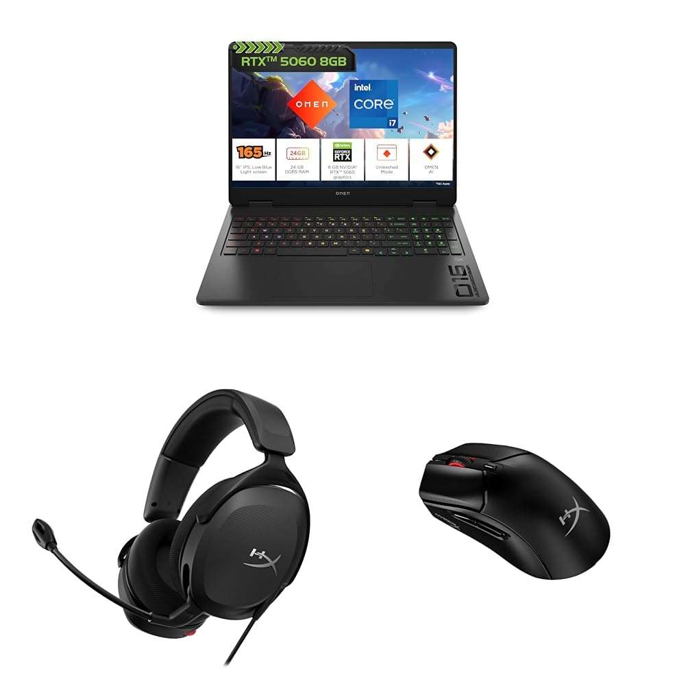 HP Omen, Intel Core i7-14650HX 14th Gen, 8GB RTX 5060, 24GB DDR5 1TB SSD with HyperX Cloud Stinger 2 Core Gaming Wired Headset & HyperX Pulsefire Haste 2 2.4Ghz Wireless, Up to 12000 DPI Gaming Mouse 1
