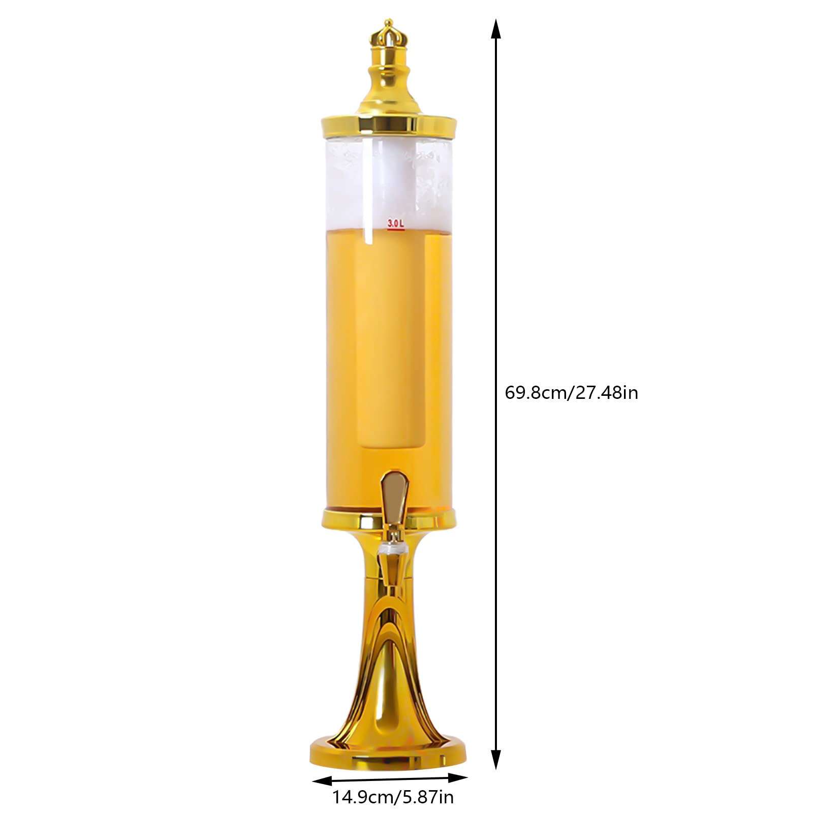 KONKENIE 3L Beer Tower Beverage Dispenser with LED Light and Ice Tube Clear Bottle Beverage Dispenser Faucet Iced Drink Tower Dispenser Tabletop Beverage Drink Dispenser for Home Bar Party Pub Gold 3