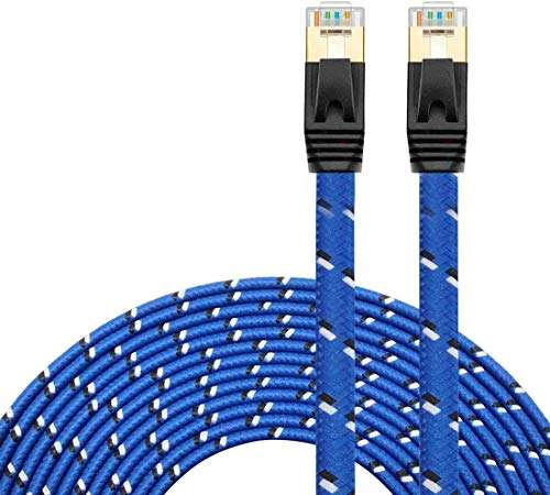 Tanbin Nylon Cat 7 Ethernet Cable 15Ft, Cat7 RJ45 Network Patch Cable Flat 10 Gigabit 600Mhz LAN Wire Cable Cord Shielded for Modem, Router, PC, Mac, Laptop, PS2, PS3, PS4, Xbox 360 Blue 1