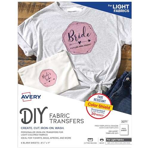 Avery Printable Heat Transfer Paper for Light Fabrics, 8.5" x 11", Inkjet Printer Compatible, 6 Sheets of Iron On Transfer Paper, Great for Custom Shirts, Uniforms, Gifts, and More (3271) 1